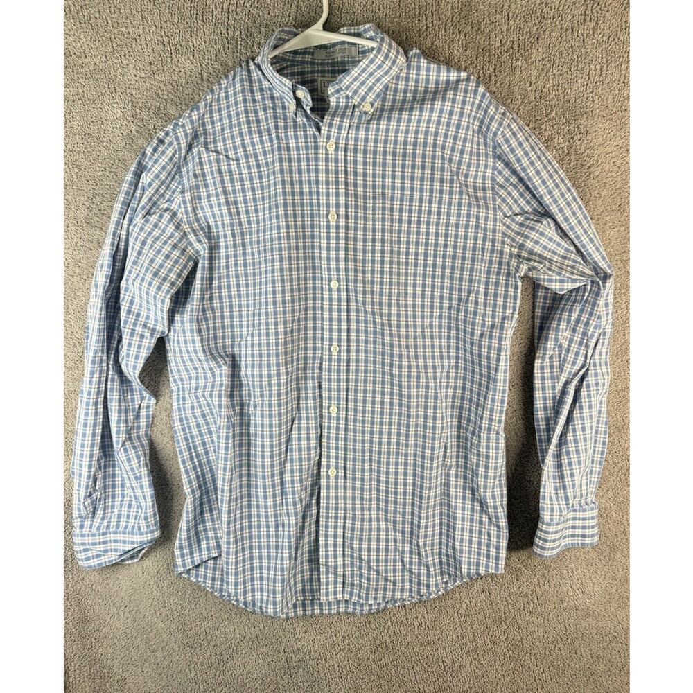 LL Bean Polo Men's M Blue Long Sleeve Plaid Wrinkle Free Slightly Fitted